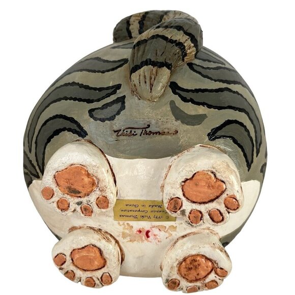 Funny Bones Vicki Thomas Signed 1997 Folk Art Grey White Striped Tabby Cat Gourd - Picture 8 of 13